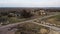 Destroyed livestock farm in the north of Ukraine, aerial view. Dilapidated industrial buildings