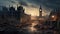 Destroyed London at sunset, fantasy view of post apocalypses in Europe