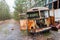 Destroyed old rusty bus at Factory in Pripyat ghost city, Chernobyl Nuclear Power Plant Zone of exclusion and alienation
