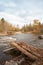 Destroyed road wooden bridge in the distant taiga area