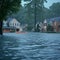 Destructive floodwaters surround homes during a relentless rainstorm