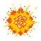 Destructive pixel explosion. Red detonation burst of energy with yellow fire flaming.