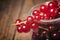 Detail bunch of red currants in a glass cup.