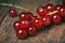 Detail bunch of red currants on a old wooden table.