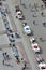 Detail of the carriages in the main market square at summer. View from St. Mary`s basilica tower. Krakow. Poland