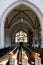 Detail of carved wooden pews in a church