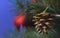 Detail of Christmas decoration on tree with coloured lights