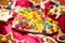 Detail of Christmas holiday heart shape M&M\'s like cookies