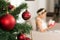 Detail of Christmas tree. Blurred background, a person sitting w