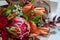 Detail closeup magnificent bouquet of tulip, leucospermum, leucadendron, protea, rose on a gray background, selective focus