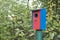 Detail of colorful birdhouse in the middle of forest