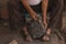 Detail of the craftsman`s hands carving the stone to make molcajetes, traditional Mexican crafts