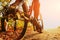 Detail of cyclist man feet riding mountain bike on outdoor