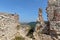 Detail of destroyed ruined walls of medieval Rasnov citadel in R