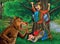 Detail digital painting illustration story about the bear and 2 travelers