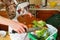 Detail of a female hand disposing of organic waste in a proper bin