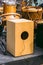 Detail of a flamenco cajon and various percussion instruments