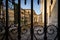 Detail of the forging of an exterior fence of an old building in the town of Ciudad Rodrigo at sunset, Salamanca, Spain