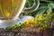 Detail of fresh agrimony plant, with tea in the background