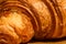 Detail of fresh croissant on wooden table. Food and breakfast concept. Close up photo of French buttery croissant