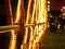 Detail of Girona`s Eiffel Bridge Pont de les Peixateries Velles with Christmas lighting and blurred background at night