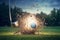 detail of golf ball striked by the club, ball point of view, explosions of grass and energy in the swing illustration generative