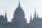 Detail of gothic architecture on parliament building cupola in morning haze, Budapest, Hungary