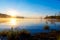 Detail of grass halm at a lake in magical morning time with dawning sun. Trees as leftovers of a mole. Slovakia