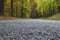 Detail of a gravel road crossing an autmnal forest