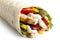 Detail of grilled chicken and salad tortilla wrap with white sauce on white background.
