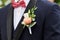 Detail of a groom& x27;s dark blue costume with a buttonhole of roses