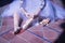 Detail of hands of female classical ballet dancer sitting on the floor putting on her slippers, wearing a white tutu