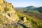 Detail of hexagonal shapes of Steblova skala basalt rock on Cerova Vrchovina mountains