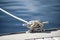 Detail image of yacht rope cleat on sailboat deck