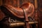 detail of a leather saddle on a wooden horse stand
