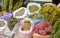 Detail of a local bazar market with herbs and dry flowers