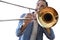 Detail of man playing trombone with white isolated background