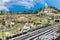 Detail of model railway with landscape, villages and operating train