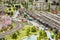 Detail of model railway with landscape, villages and operating train