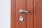 Detail of Modren style metallic door handle on wooden door.