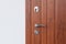 Detail of Modren style metallic door handle on wooden door.