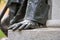 Detail of a monument showing the hand of a character