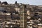 Detail of mosque tower Aerial view panorama of the Fez el Bali medina Morocco. Fes el Bali was founded as the capital of the