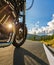 Detail of motorcycle front wheel. Outdoor photography, Alpine la