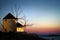 Detail night view of windmills in Chora, Mykonos, Cyclades