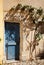 Detail of Ocher wall of house with blue door in and shadow tree