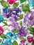 Detail of oriental style floral fabric with violet, blue flowers and green leaves. Spring and lovely texture
