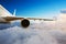 Detail of passengers commercial airplane wing