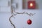 Detail of a red christmas ball at a branch in front of an unsharp white wall with shutter and shelf with candle light in a lamp