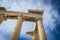 Detail of restoration of Parthenon in Athens Greece - perspective looking up at corner partly repaired against beautiful sky